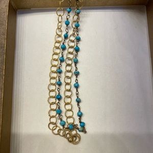 Dogeared 18” adjustable necklace, torquoise beads and tiny gold circles.